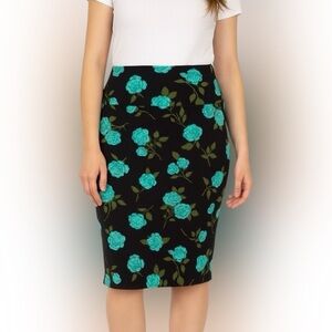 NWT Floral Black and Green/Turquoise Stretchy Pencil Skirt